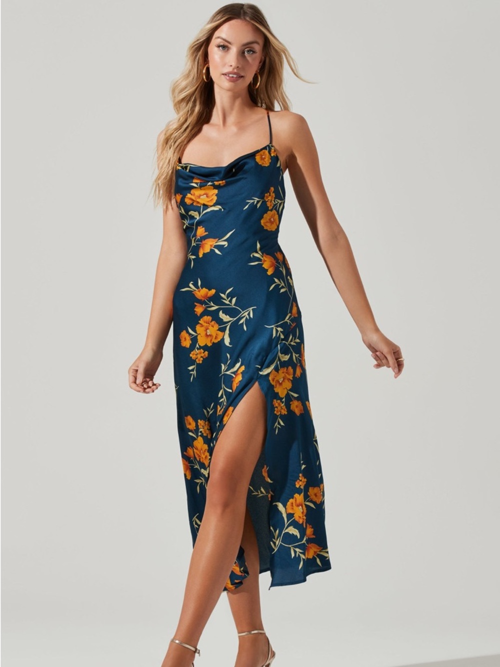 Astr Gaia Floral Midi Dress - Dark Teal-Gold Floral